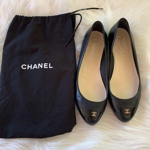 CHANEL Lambskin Cap Toe CC Ballerina Flats 36.5